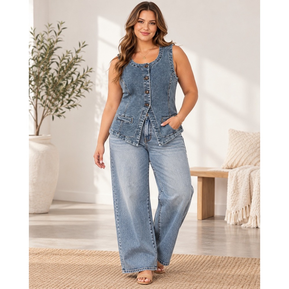 Nicole Miller New York Denim Vest Medium Wash Button Front Sleeveless Top Large